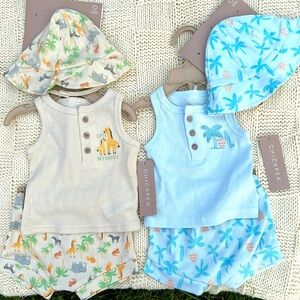 2 NWT Chick Pea Baby Outfits with Hats + Shorts + Tanks 1 in Beige & 1 in Blue